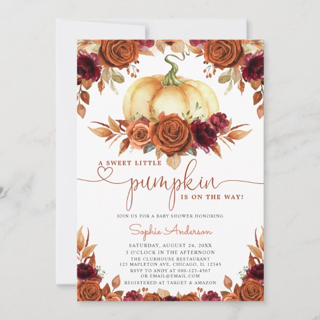 Invitación Naranja quemado Burgundy Floral Pumpkin Baby Showe (Anverso)