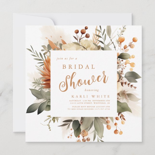 Invitación Naranja quemado Cae Floral Bridal Shower (Anverso)