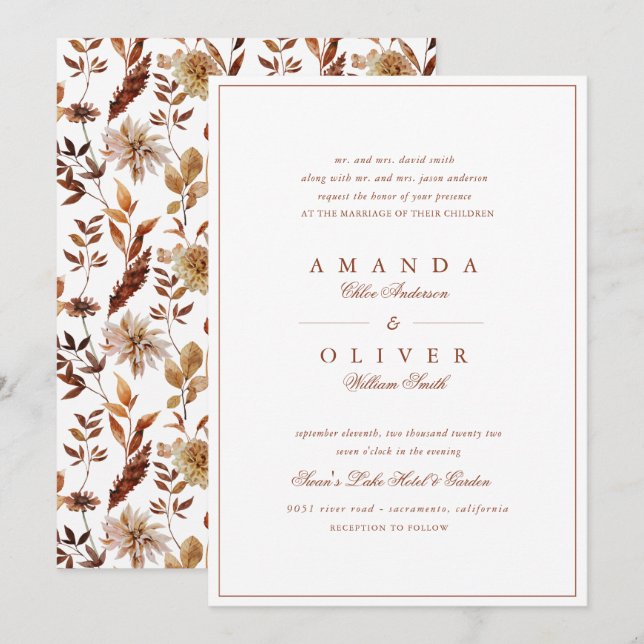 Invitación Naranja quemado Cae Floral Elegante Boda clásico (Anverso / Reverso)