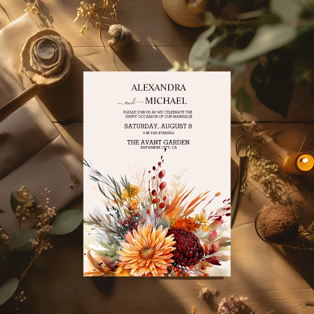 Invitación Naranja Quemado Caída Acuarela Pampas Boda de Gras (Subido por el creador)