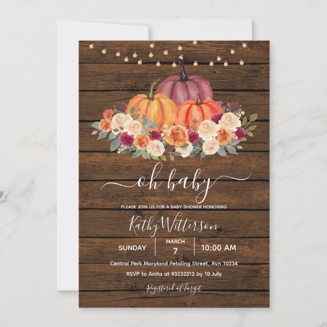 Invitación Naranja quemado Calabaza Rustic Wood Baby Shower (Anverso)