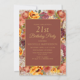 Invitación Naranja quemado Cream Rust Floral 21 cumpleaños