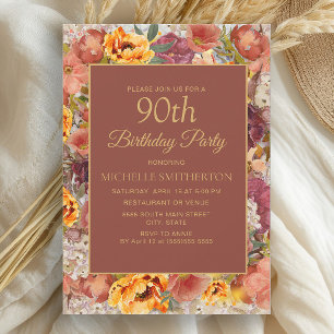 Invitación Naranja quemado Cream Rust Floral 90 cumpleaños