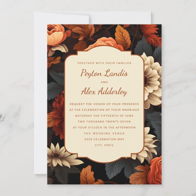 Invitación Naranja quemado Crema de óxido Boda floral otoño (Anverso)