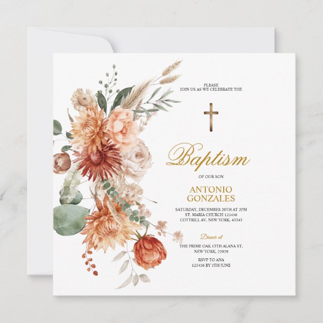 Invitación Naranja quemado Cruz de Oro Floral Baptismo Christ (Anverso)