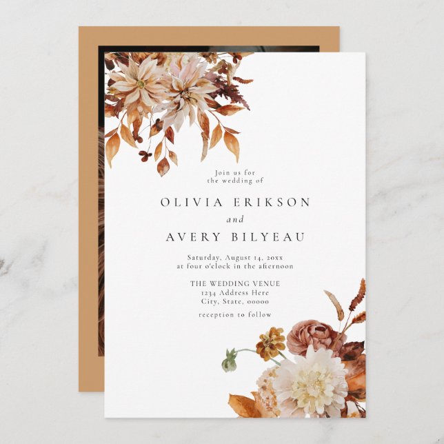 Invitación Naranja Quemado de Boho Boda de fotografía floral  (Anverso / Reverso)