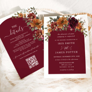 Invitación Naranja quemado de Borgoña Boda floral detalles QR