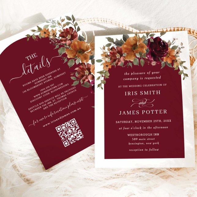 Invitación Naranja quemado de Borgoña Boda floral detalles QR (Subido por el creador)