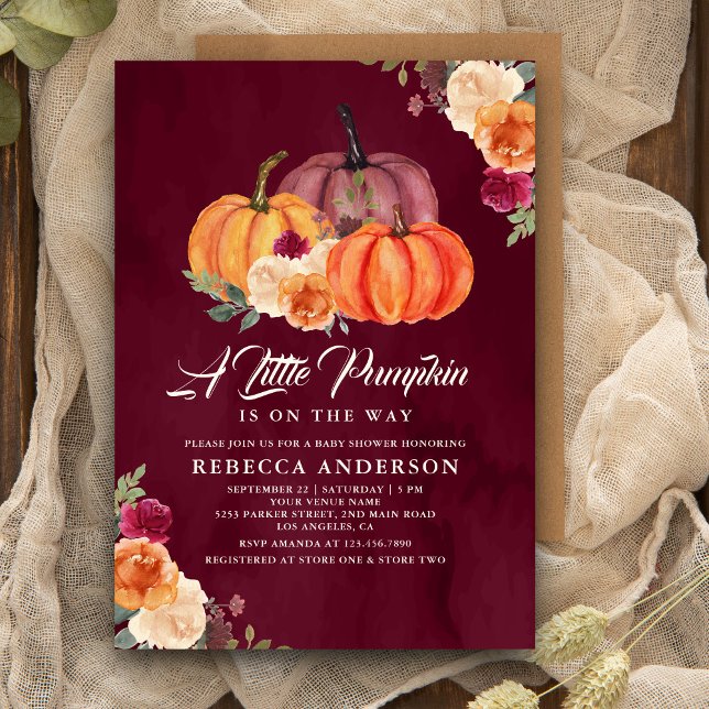 Invitación Naranja quemado de Borgoña Calabaza Floral Baby Sh (Subido por el creador)