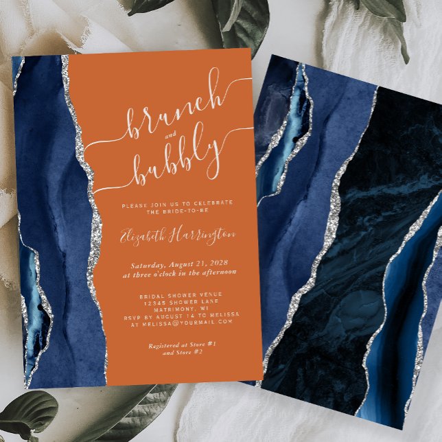 Invitación Naranja Quemado de brunch & bubbly Blue Silver Aga (Subido por el creador)