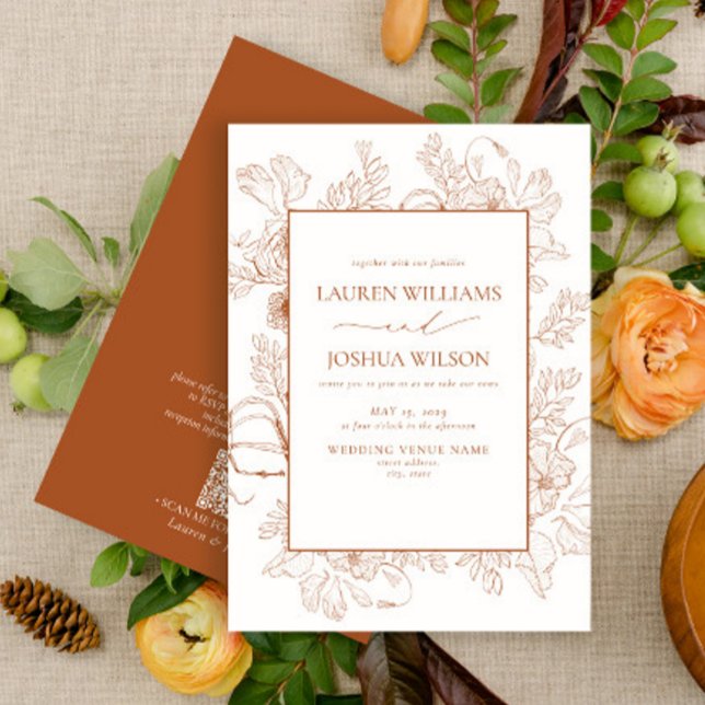 Invitación Naranja Quemado de código QR Boda de arte de línea (Subido por el creador)