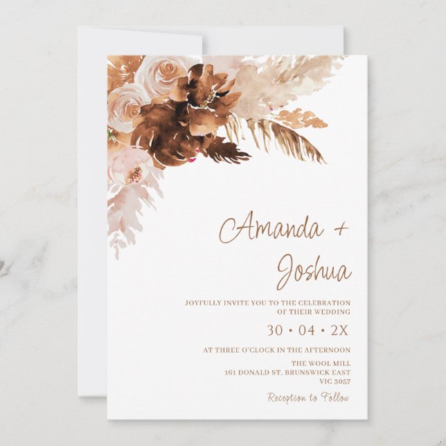 Invitación Naranja Quemado de Flores Boho Boda de Grass Pampa (Anverso)