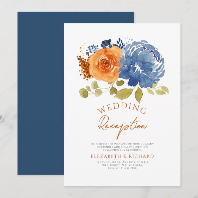 Invitación Naranja quemado de la Marina - Recepción de boda d (Anverso / Reverso)