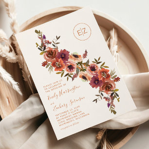 Invitación Naranja Quemado de Monograma Boda Morado Floral