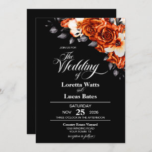 Invitación Naranja quemado de Moody Rosa Boda negro floral