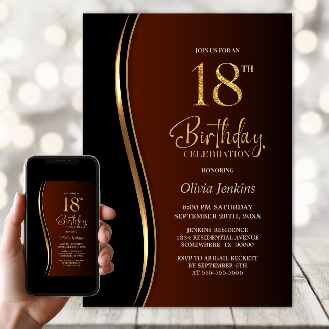 Invitación Naranja Quemado de Oro Negro 18ª fiesta de cumplea (Subido por el creador)