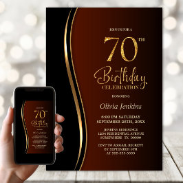 Invitación Naranja quemado de oro negro 70 cumpleaños