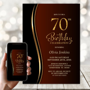 Invitación Naranja quemado de oro negro 70 cumpleaños