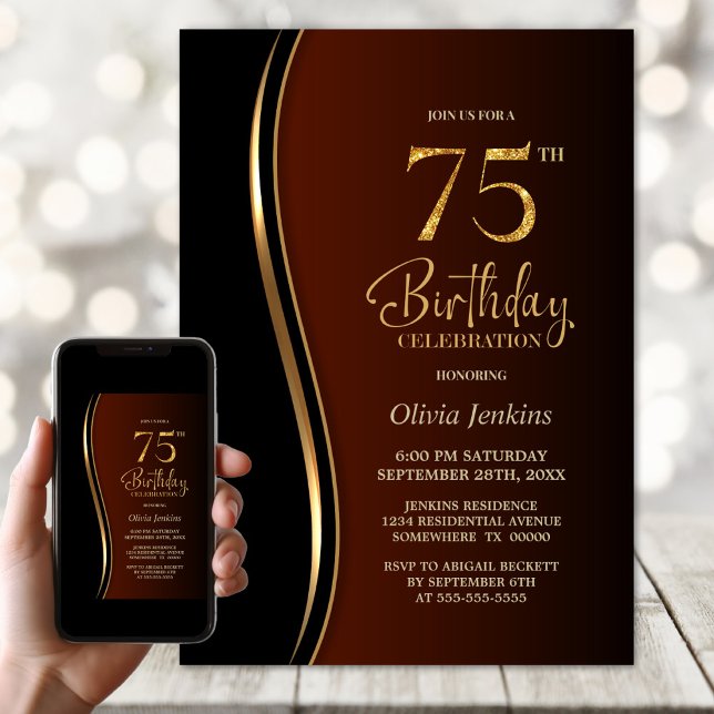 Invitación Naranja Quemado de Oro Negro 75ª fiesta de cumplea (Subido por el creador)