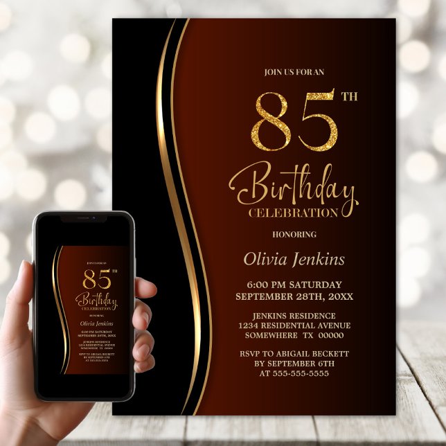 Invitación Naranja quemado de oro negro 85ª fiesta de cumplea (Subido por el creador)