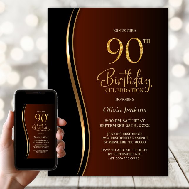 Invitación Naranja quemado de oro negro 90 cumpleaños (Subido por el creador)