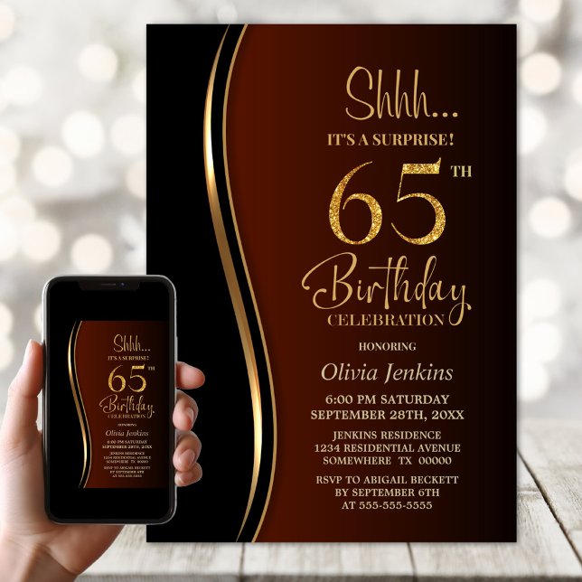 Invitación Naranja quemado de oro negro sorprende 65º cumplea (Subido por el creador)