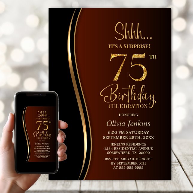 Invitación Naranja quemado de oro negro sorprende 75 años (Subido por el creador)