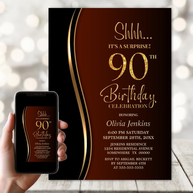 Invitación Naranja quemado de oro negro sorprende 90 cumpleañ (Subido por el creador)