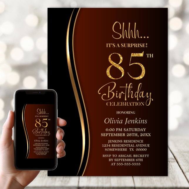 Invitación Naranja quemado de oro negro sorpresa 85º cumpleañ (Subido por el creador)