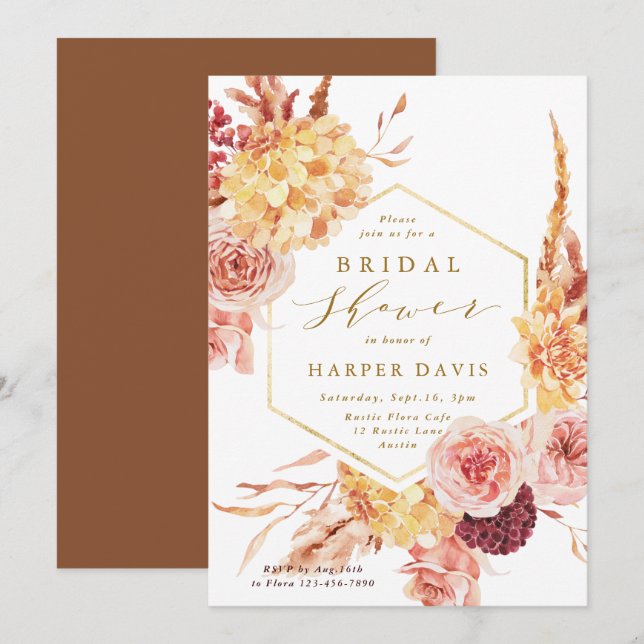 Invitación Naranja quemado de oro, Terracotta Flowers Bridal  (Anverso / Reverso)