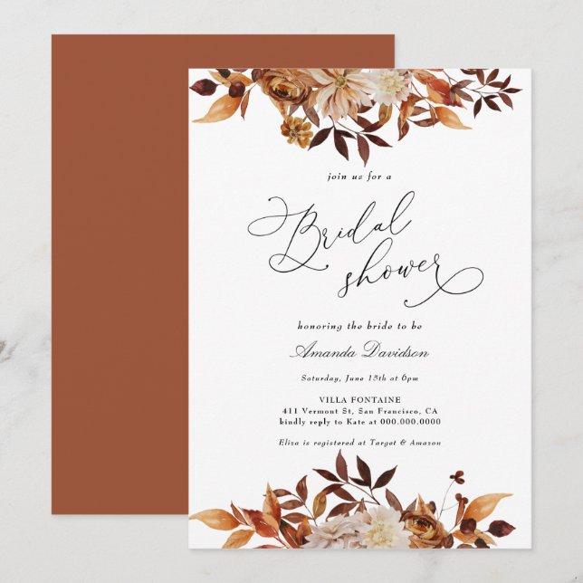 Invitación Naranja quemado de otoño Floral Boho Bridal Shower (Anverso / Reverso)