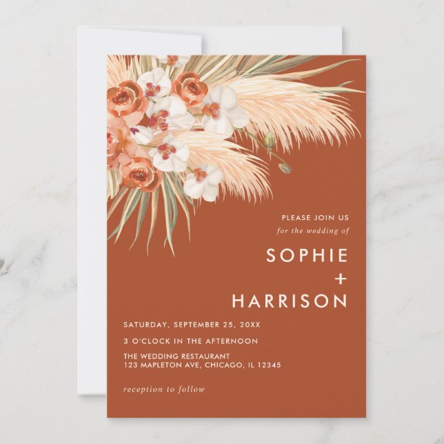 Invitación Naranja Quemado de Terracota Boho Pampas Boda de G (Anverso)