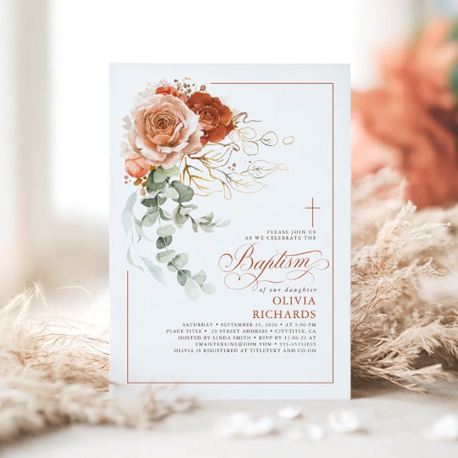 Invitación Naranja Quemado de Terracota Eucalyptus Bautismo F (Terracotta Baptism Invitation)