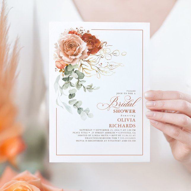 Invitación Naranja Quemado de Terracota Eucalyptus Bridal Sho (Terracotta Floral Bridal Shower Invitation)