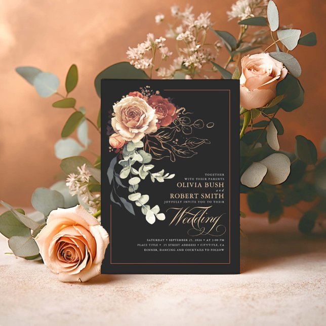 Invitación Naranja quemado de Terracota Floral Boda del Boho  (Black and Terracotta Boho Wedding Invitations)