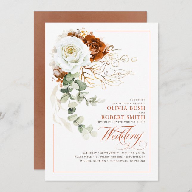 Invitación Naranja Quemado de Terracota y Boda Floral Blanco (Anverso / Reverso)
