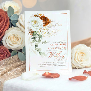 Invitación Naranja Quemado de Terracota y Boda Floral Blanco