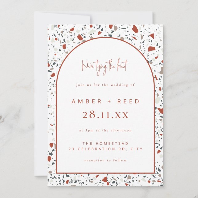 Invitación Naranja quemado de Terrazzo Boda de Arco de Terrac (Anverso)