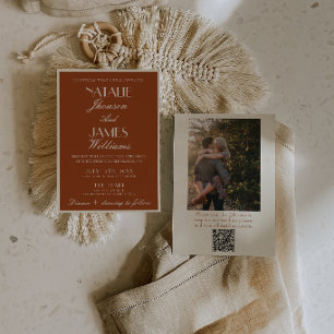 Invitación Naranja Quemado Dinero Antiguo Código QR Foto Boda