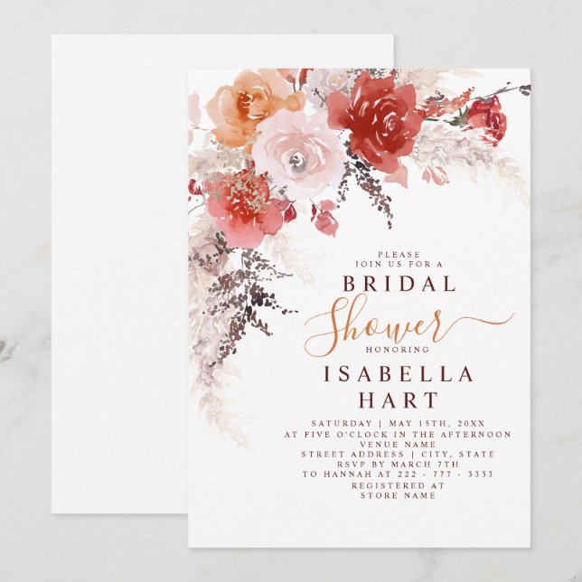 Invitación Naranja quemado ducha de novia terracota de Borgoñ (Anverso / Reverso)