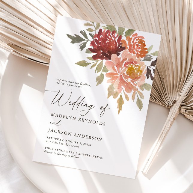 Invitación Naranja quemado en Borgoña Cae Boda floral (Subido por el creador)