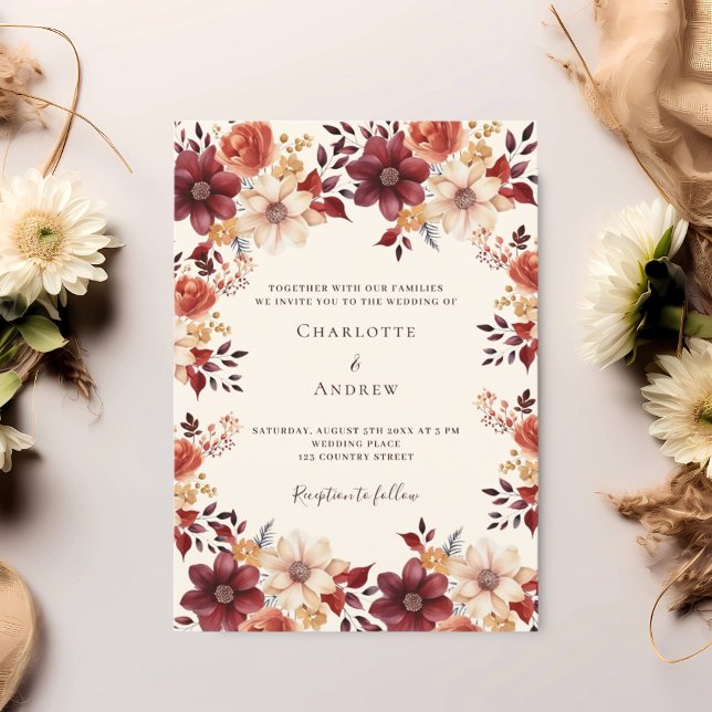 Invitación Naranja quemado en Borgoña cae boda floral (Subido por el creador)