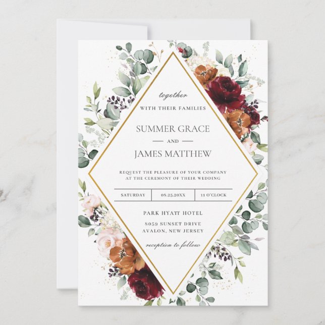 Invitación Naranja quemado en Borgoña Rubor Boda de Flores de (Anverso)
