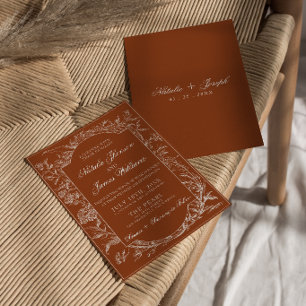 Invitación Naranja Quemado Floral Boho Terracota Boda Elegant