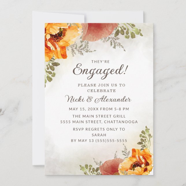 Invitación Naranja quemado Floral Caída Otoño Compromiso Boda (Anverso)