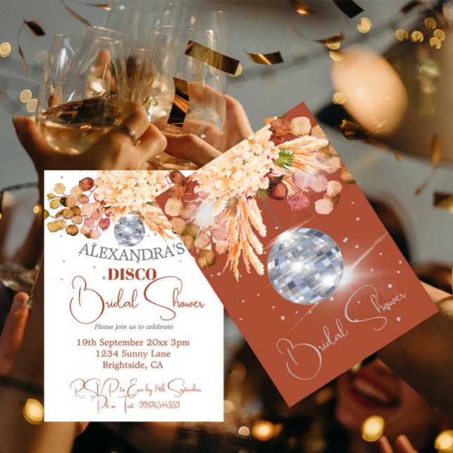 Invitación Naranja quemado floral Disco Ball Bridal Shower (Subido por el creador)