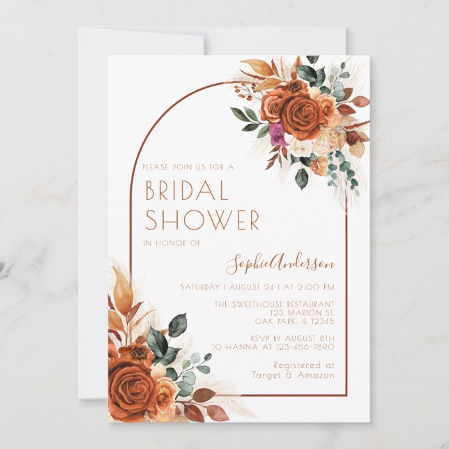 Invitación Naranja quemado flores flores pampas ducha nupcial (Anverso)
