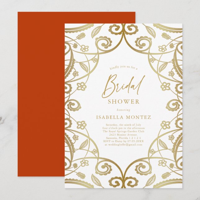 Invitación Naranja quemado Gold Floral Lace Bridal Shower (Anverso / Reverso)