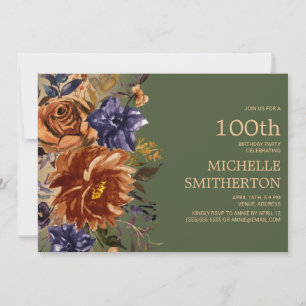 Invitación Naranja Quemado Herrumbre Azul Floral Verde Cumple