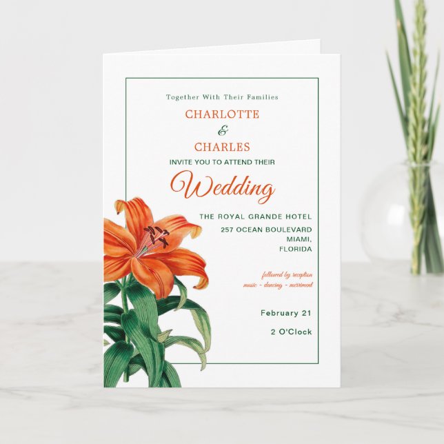 Invitación Naranja quemado Lilies Boda floral elegante (Anverso)